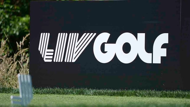 LIV Golf signage is pictured at a 2022 event.